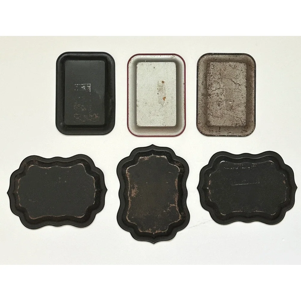 Vintage Set of 6 Mini Trays Toleware Floral  Black Red Rose Shabby Cottage Folk